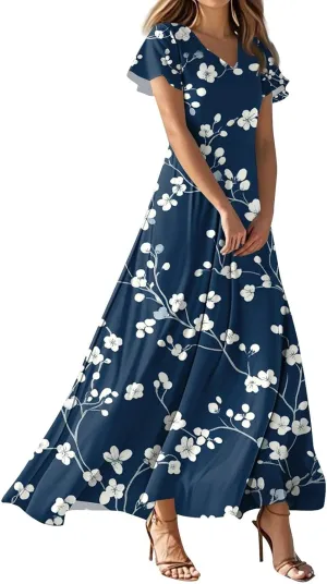 Floral Maxi Dresses for Women 2025 Summer Elegant Flutter Sleeve Long Flowy Trendy V Neck Garden Party Dress