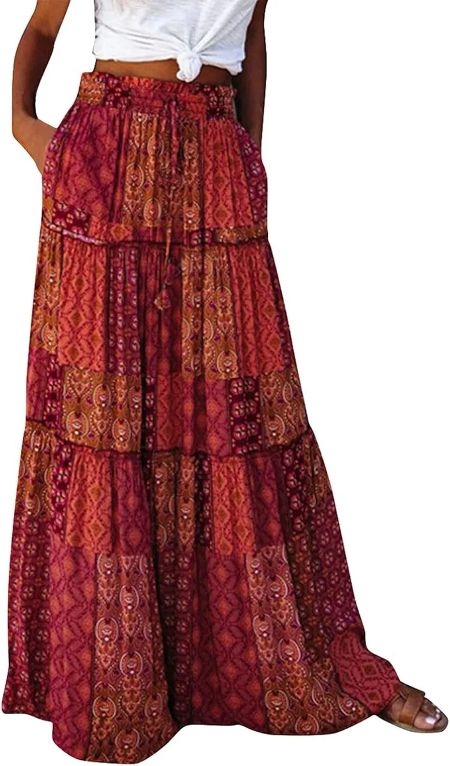 Floral Maxi Skirt with Pockets for Women 2025 Boho Flowy Drawstring Long Skirt Casual Tiered High Waisted Skirts