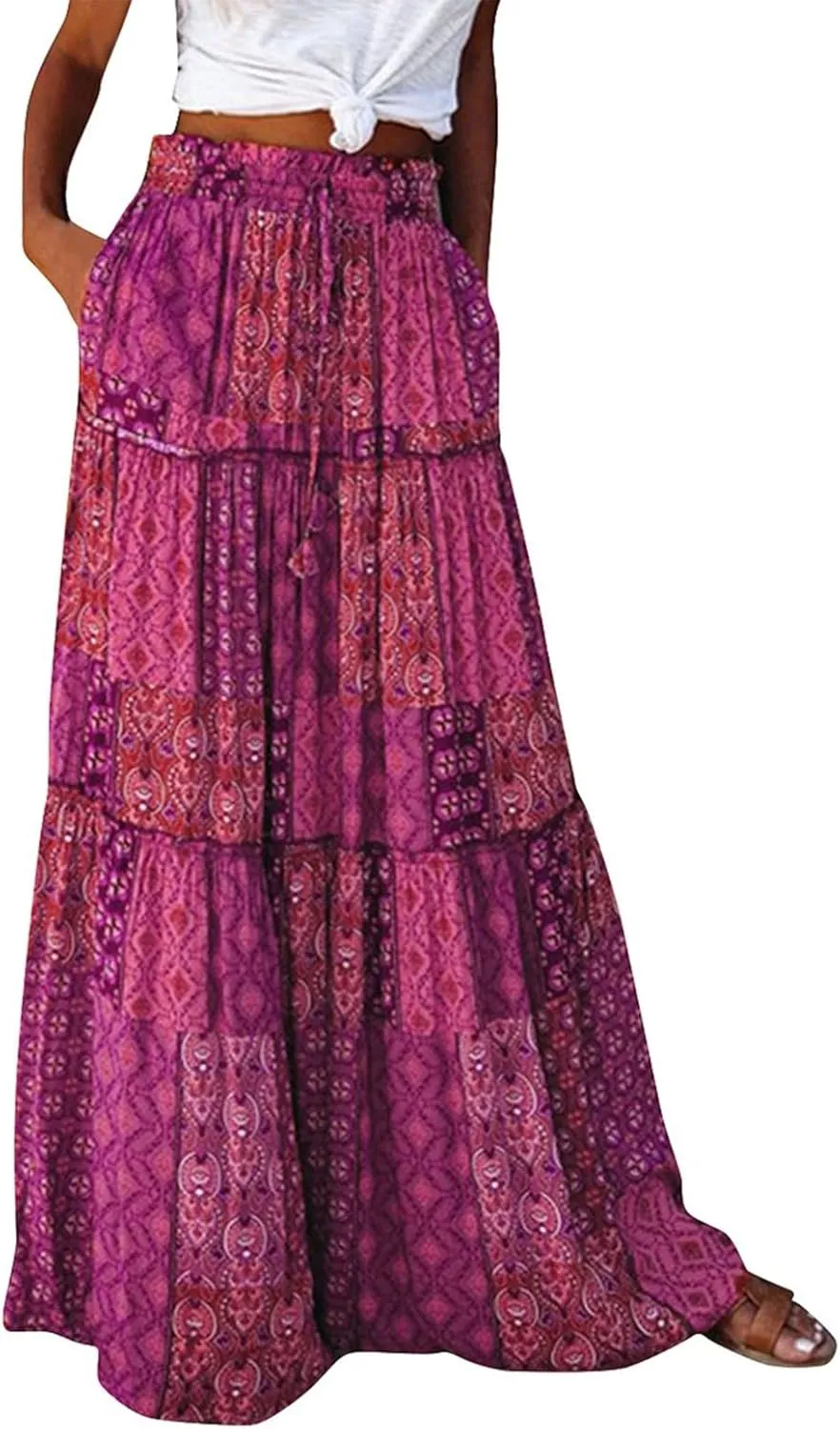 Floral Maxi Skirt with Pockets for Women 2025 Boho Flowy Drawstring Long Skirt Casual Tiered High Waisted Skirts