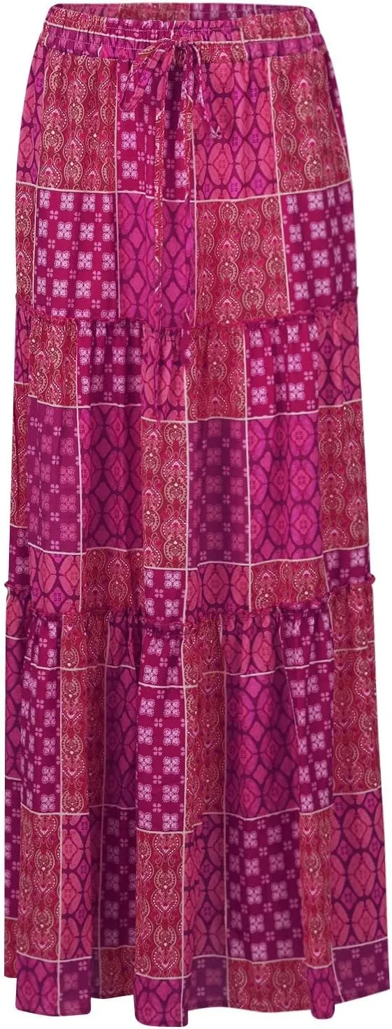 Floral Maxi Skirt with Pockets for Women 2025 Boho Flowy Drawstring Long Skirt Casual Tiered High Waisted Skirts