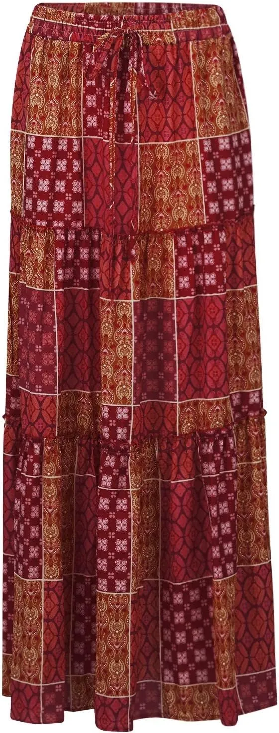 Floral Maxi Skirt with Pockets for Women 2025 Boho Flowy Drawstring Long Skirt Casual Tiered High Waisted Skirts