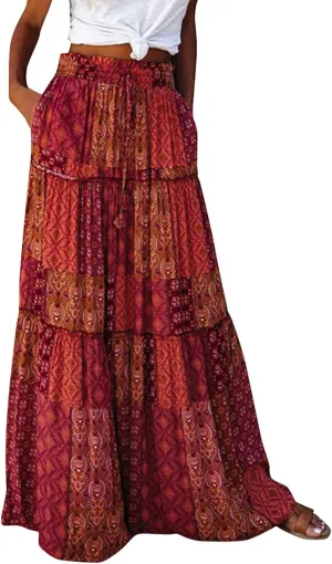 Floral Maxi Skirt with Pockets for Women 2025 Boho Flowy Drawstring Long Skirt Casual Tiered High Waisted Skirts
