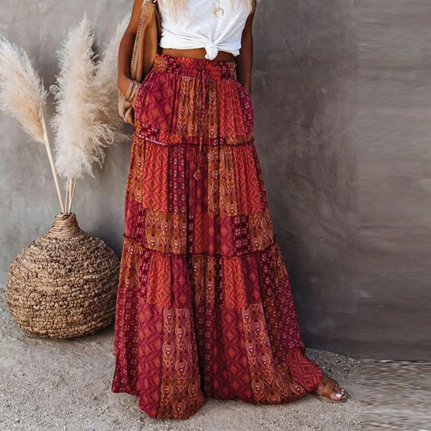 Floral Maxi Skirt with Pockets for Women 2025 Boho Flowy Drawstring Long Skirt Casual Tiered High Waisted Skirts