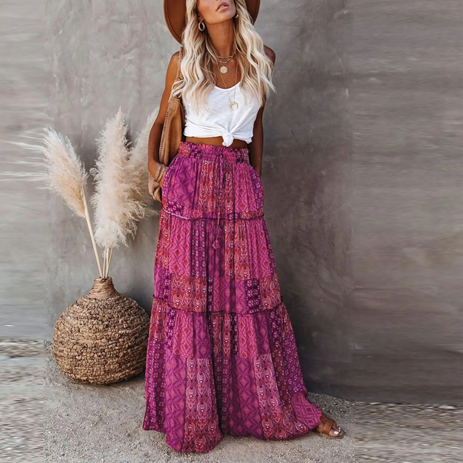 Floral Maxi Skirt with Pockets for Women 2025 Boho Flowy Drawstring Long Skirt Casual Tiered High Waisted Skirts