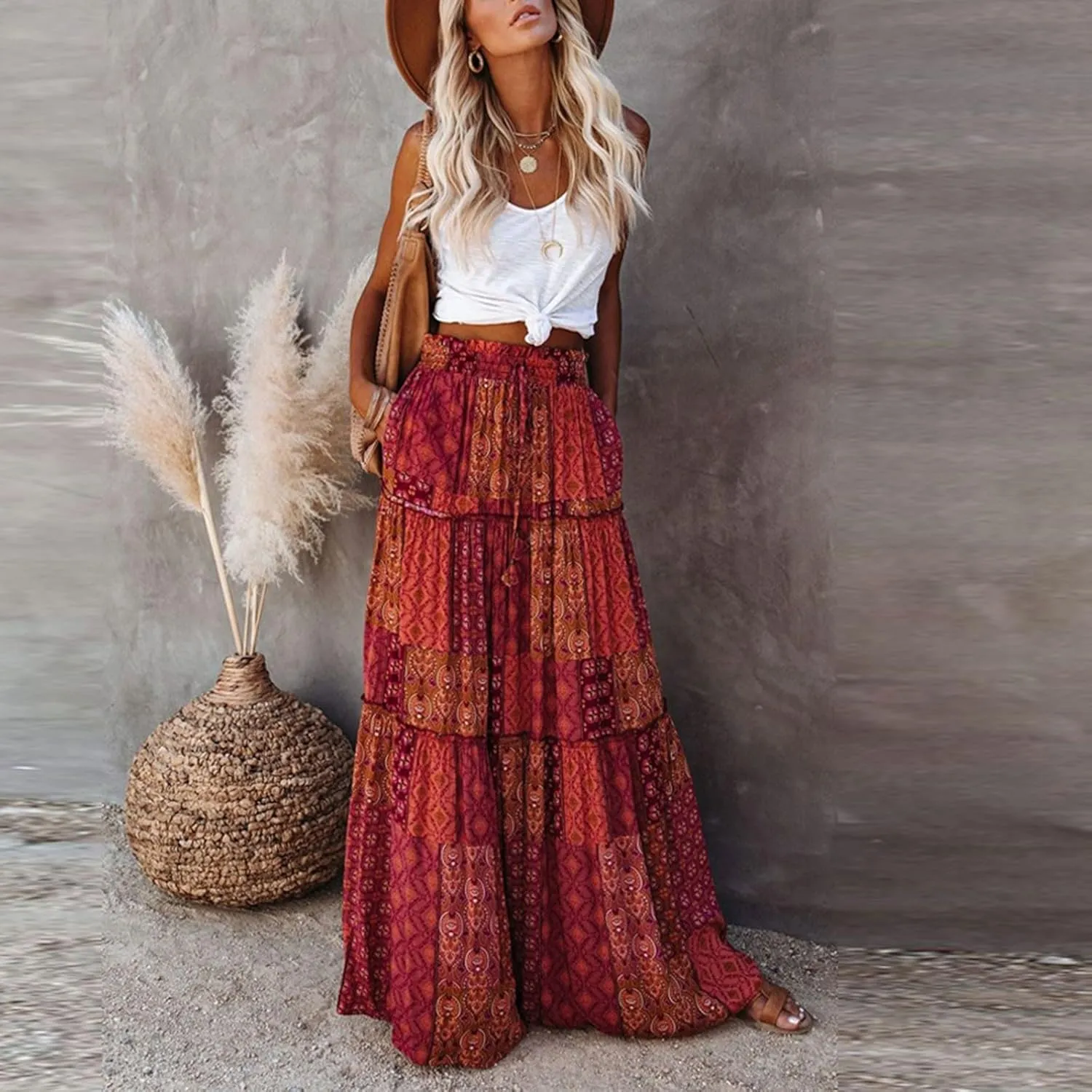 Floral Maxi Skirt with Pockets for Women 2025 Boho Flowy Drawstring Long Skirt Casual Tiered High Waisted Skirts