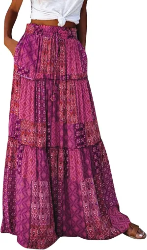 Floral Maxi Skirt with Pockets for Women 2025 Boho Flowy Drawstring Long Skirt Casual Tiered High Waisted Skirts