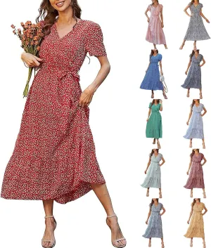 Floral Midi Dress for Women Summer V Neck Ruffle Sleeve Boho Wrap Dress Casual Flowy Chiffon Vacation Beach Dress