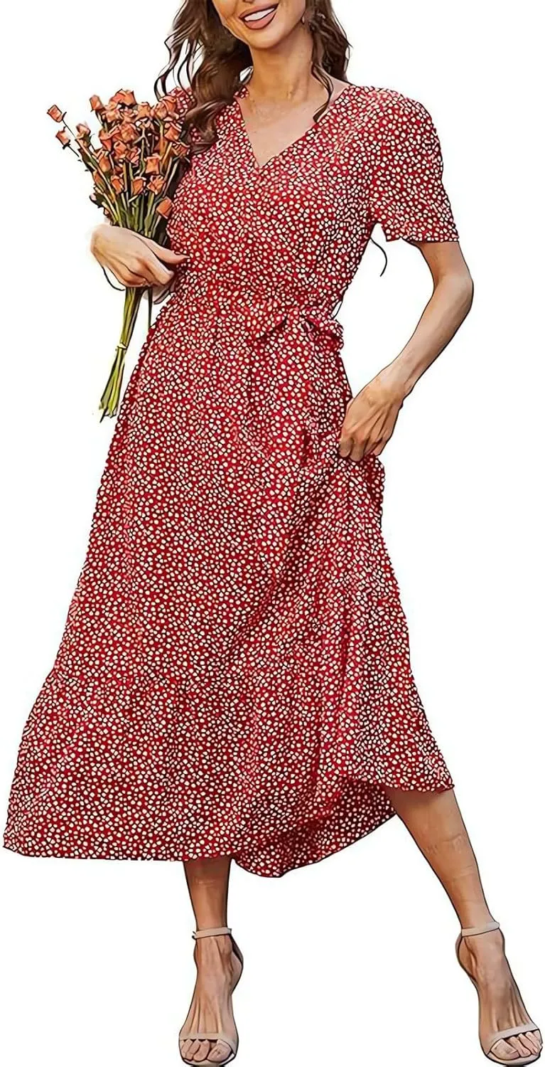 Floral Midi Dress for Women Summer V Neck Ruffle Sleeve Boho Wrap Dress Casual Flowy Chiffon Vacation Beach Dress