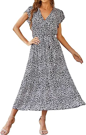 Floral Midi Dress for Women Summer V Neck Ruffle Sleeve Boho Wrap Dress Casual Flowy Chiffon Vacation Beach Dress