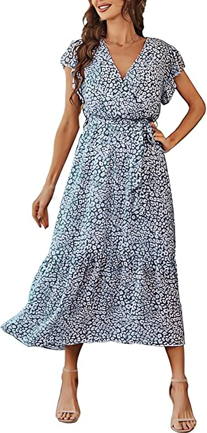 Floral Midi Dress for Women Summer V Neck Ruffle Sleeve Boho Wrap Dress Casual Flowy Chiffon Vacation Beach Dress