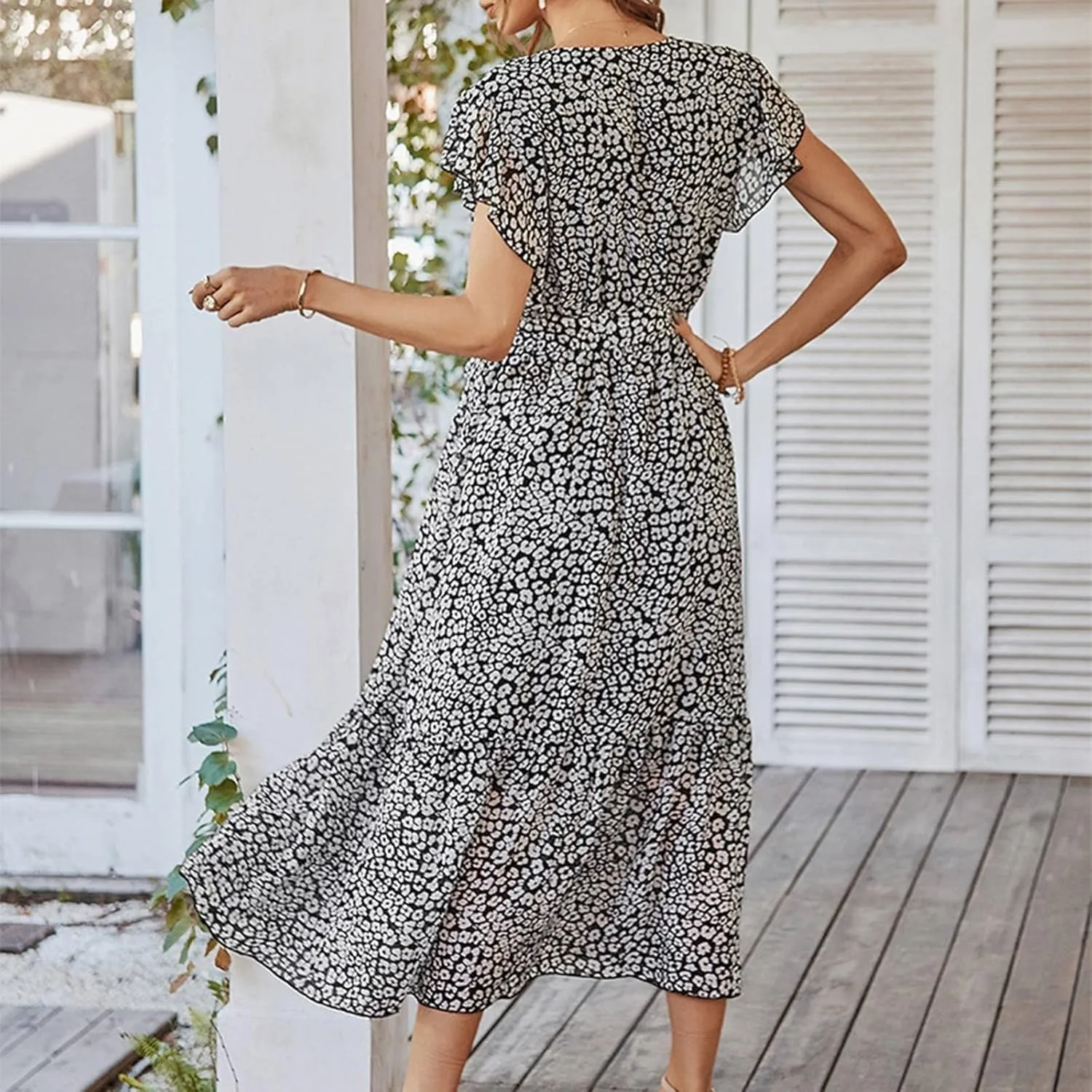 Floral Midi Dress for Women Summer V Neck Ruffle Sleeve Boho Wrap Dress Casual Flowy Chiffon Vacation Beach Dress