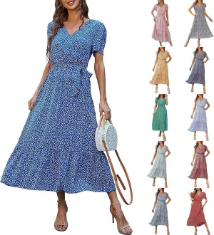 Floral Midi Dress for Women Summer V Neck Ruffle Sleeve Boho Wrap Dress Casual Flowy Chiffon Vacation Beach Dress
