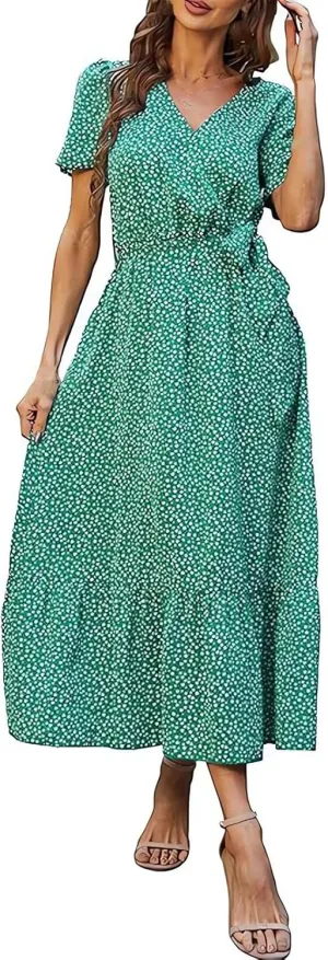 Floral Midi Dress for Women Summer V Neck Ruffle Sleeve Boho Wrap Dress Casual Flowy Chiffon Vacation Beach Dress