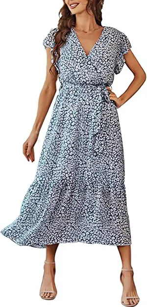 Floral Midi Dress for Women Summer V Neck Ruffle Sleeve Boho Wrap Dress Casual Flowy Chiffon Vacation Beach Dress