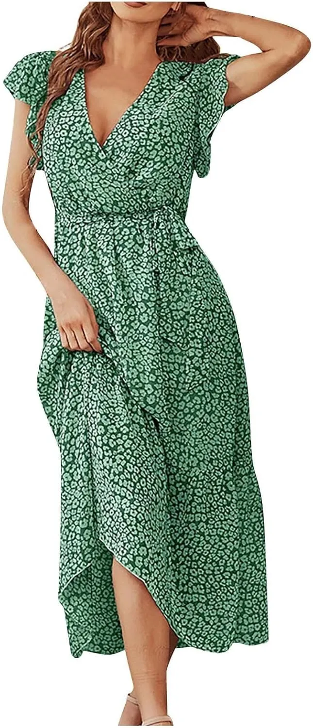 Floral Midi Dress for Women Summer V Neck Ruffle Sleeve Boho Wrap Dress Casual Flowy Chiffon Vacation Beach Dress
