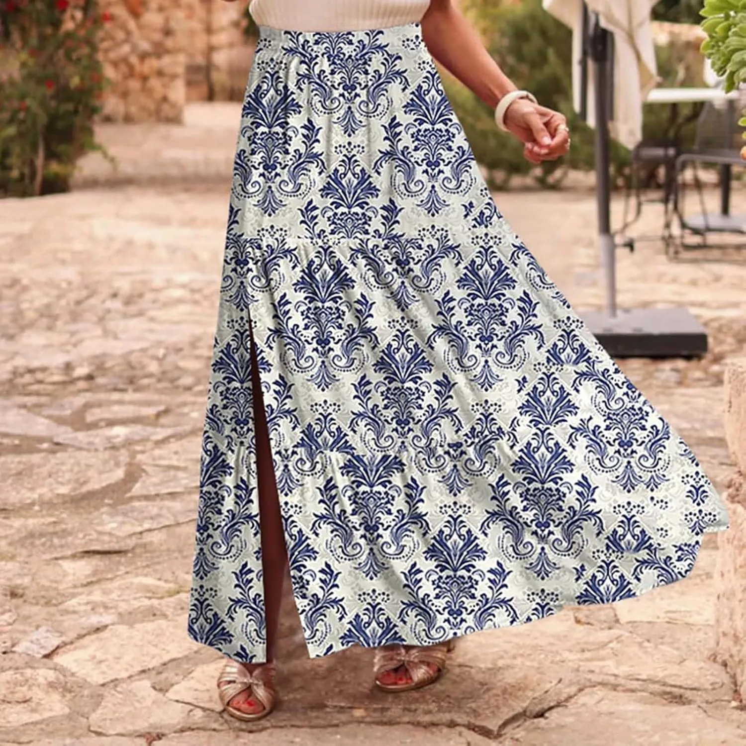 Flowy Maxi Skirts for Women A Line Boho Skirt with Split Tiered Midi Skirt High Waisted Long Skirt Floral Skirts