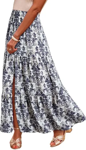 Flowy Maxi Skirts for Women A Line Boho Skirt with Split Tiered Midi Skirt High Waisted Long Skirt Floral Skirts