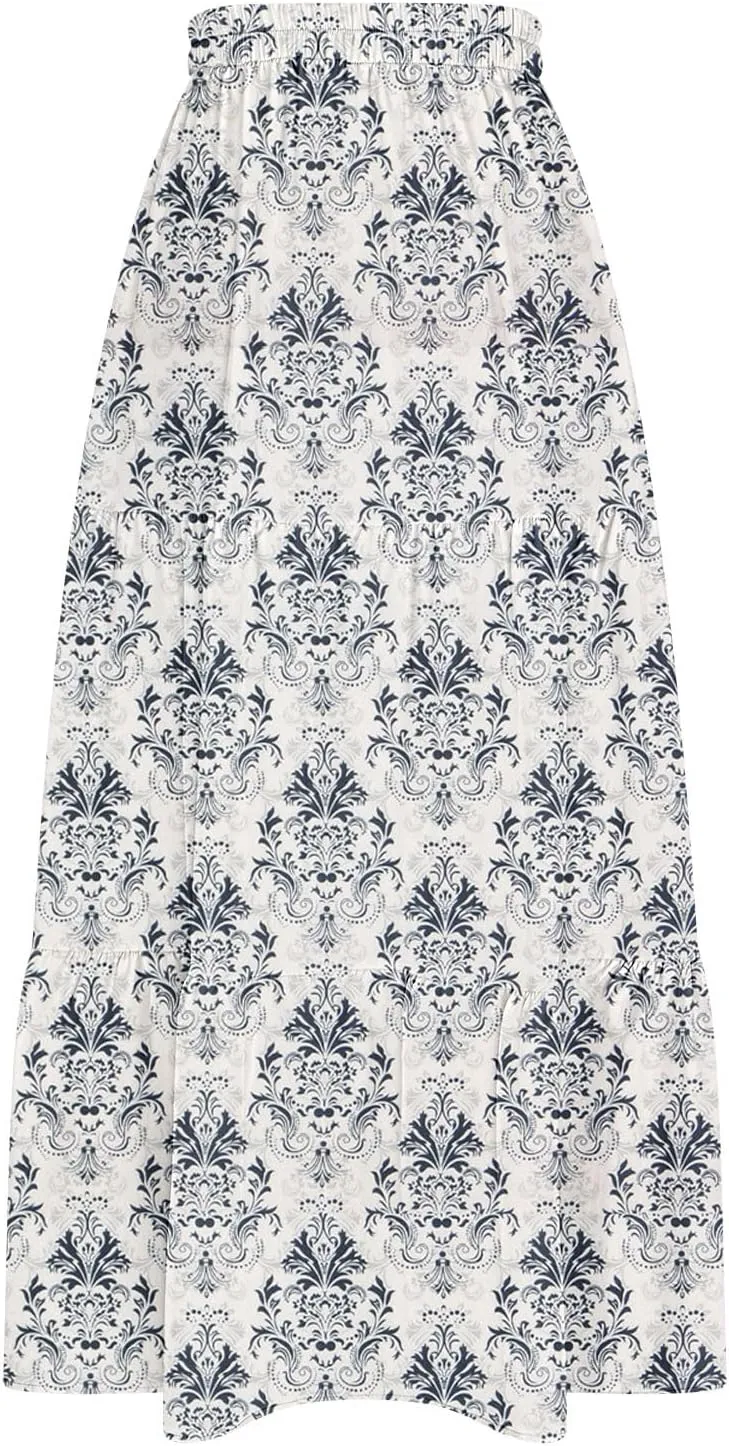 Flowy Maxi Skirts for Women A Line Boho Skirt with Split Tiered Midi Skirt High Waisted Long Skirt Floral Skirts