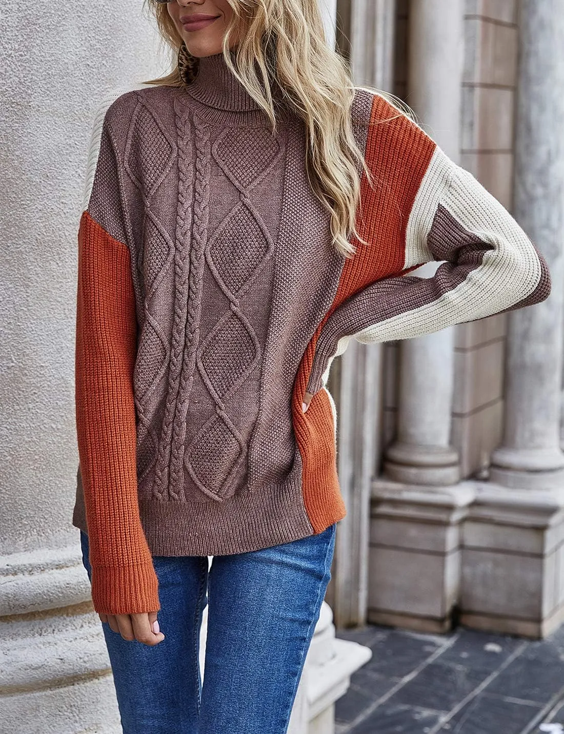 Flygo Womens Turtleneck Oversized Sweaters Slouchy Batwing Long Sleeve Pullover Cable Knit Splicing Sweater Jumper