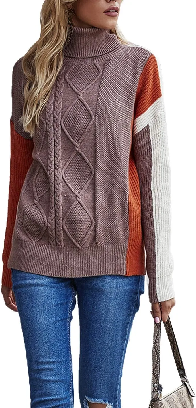 Flygo Womens Turtleneck Oversized Sweaters Slouchy Batwing Long Sleeve Pullover Cable Knit Splicing Sweater Jumper
