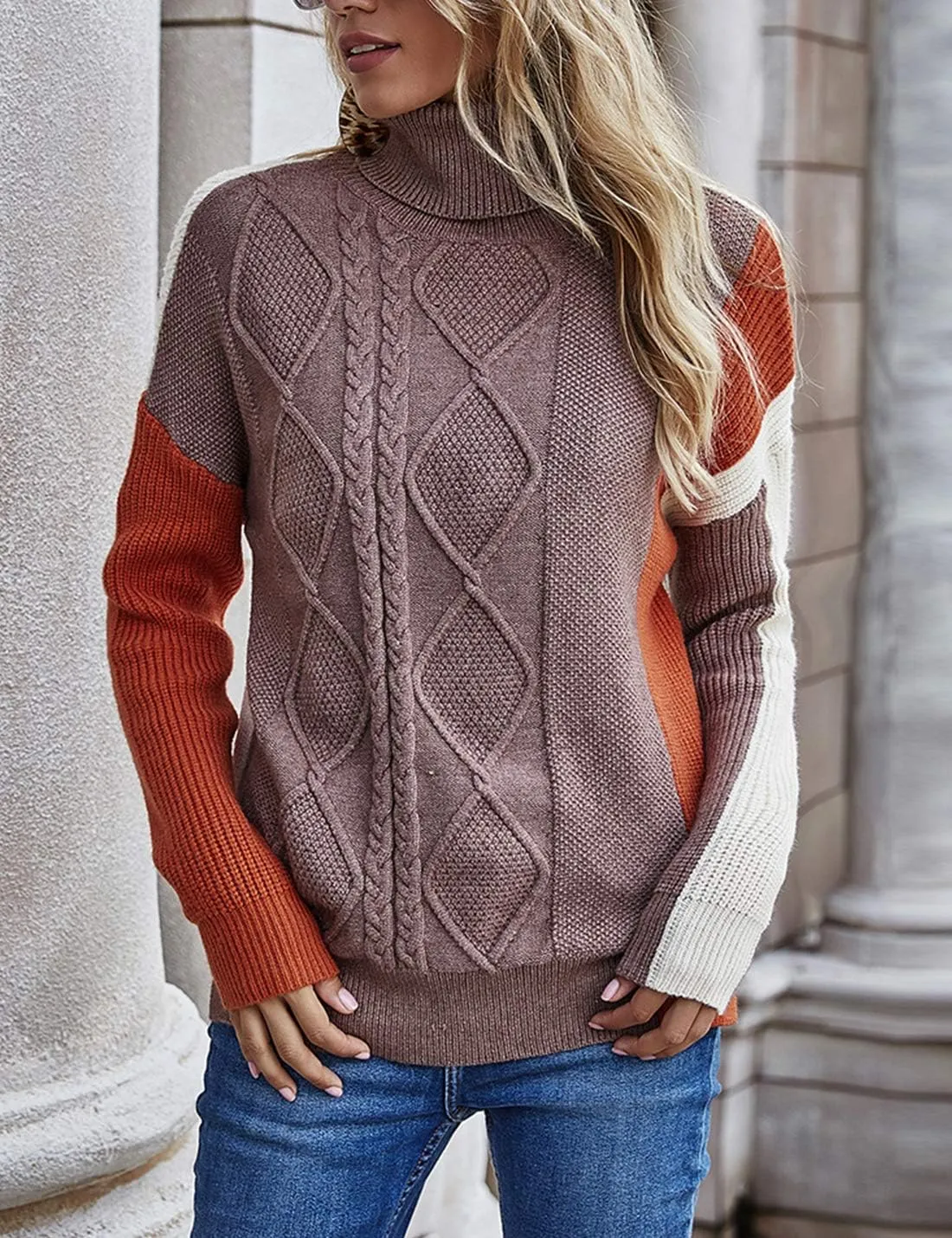 Flygo Womens Turtleneck Oversized Sweaters Slouchy Batwing Long Sleeve Pullover Cable Knit Splicing Sweater Jumper