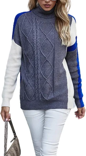 Flygo Womens Turtleneck Oversized Sweaters Slouchy Batwing Long Sleeve Pullover Cable Knit Splicing Sweater Jumper