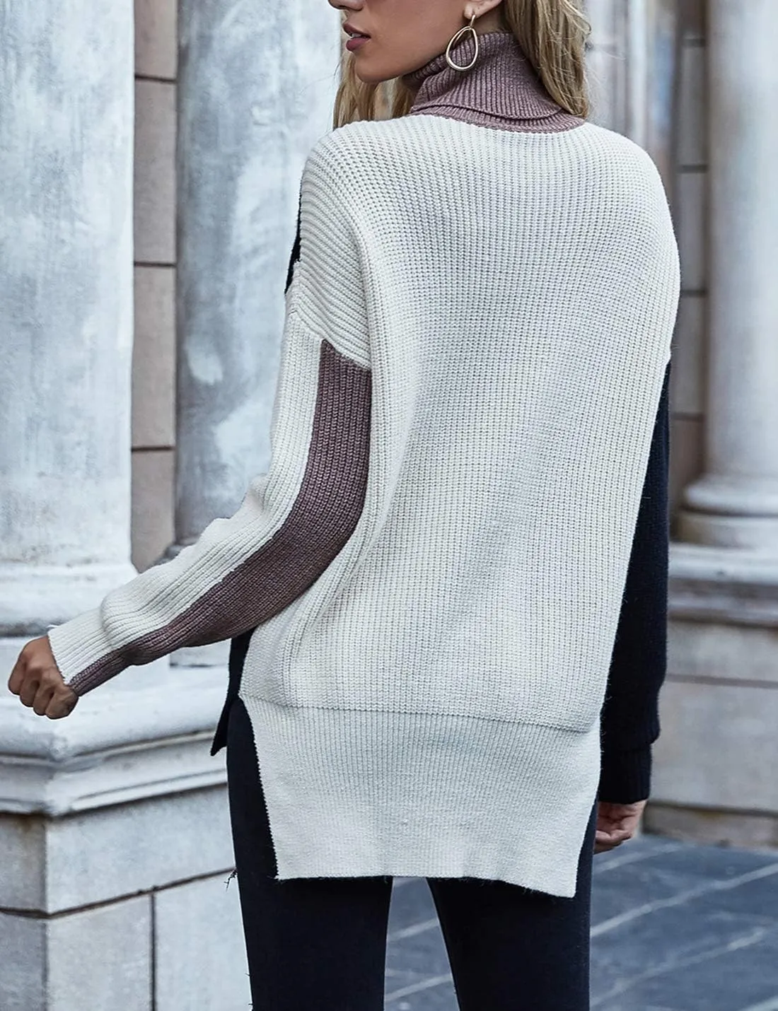 Flygo Womens Turtleneck Oversized Sweaters Slouchy Batwing Long Sleeve Pullover Cable Knit Splicing Sweater Jumper