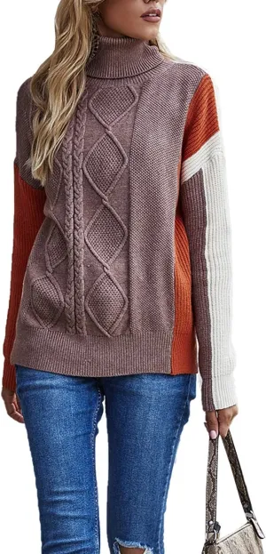 Flygo Womens Turtleneck Oversized Sweaters Slouchy Batwing Long Sleeve Pullover Cable Knit Splicing Sweater Jumper