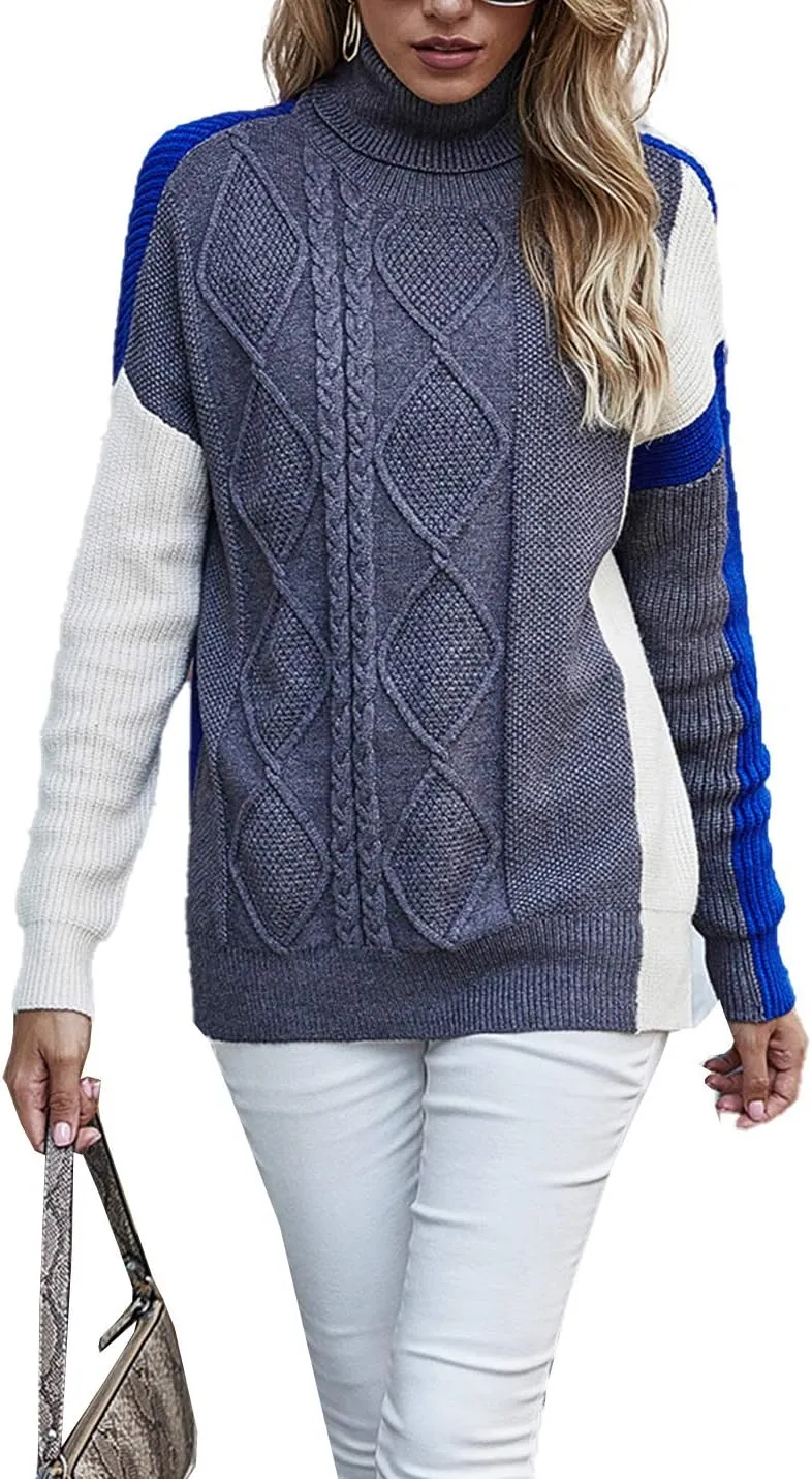 Flygo Womens Turtleneck Oversized Sweaters Slouchy Batwing Long Sleeve Pullover Cable Knit Splicing Sweater Jumper