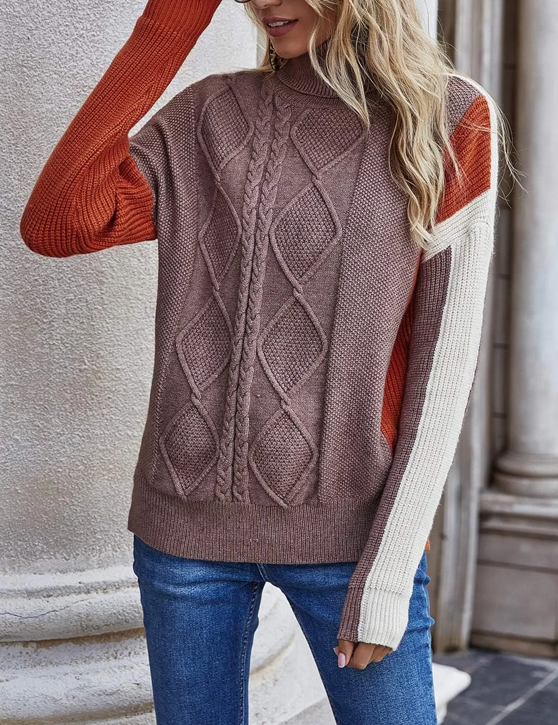 Flygo Womens Turtleneck Oversized Sweaters Slouchy Batwing Long Sleeve Pullover Cable Knit Splicing Sweater Jumper