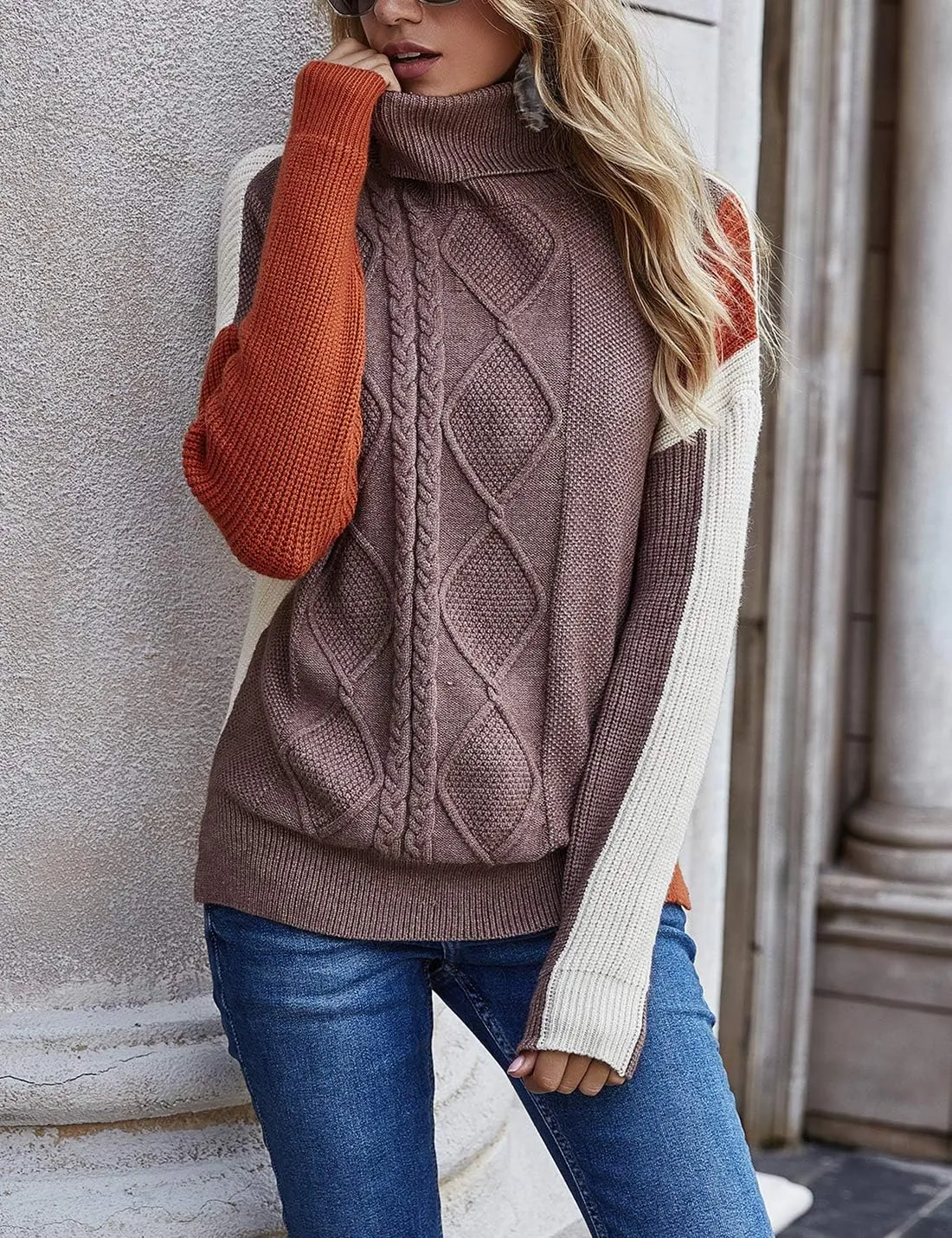 Flygo Womens Turtleneck Oversized Sweaters Slouchy Batwing Long Sleeve Pullover Cable Knit Splicing Sweater Jumper
