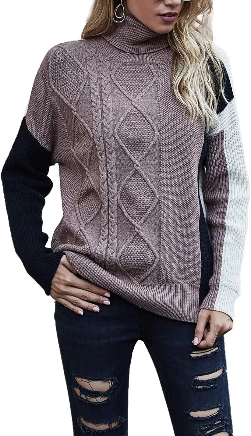 Flygo Womens Turtleneck Oversized Sweaters Slouchy Batwing Long Sleeve Pullover Cable Knit Splicing Sweater Jumper