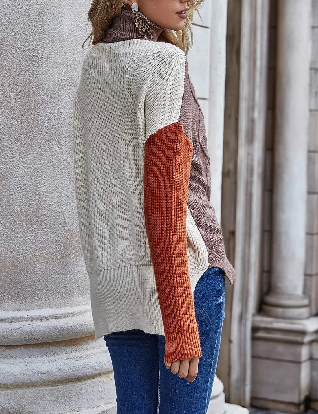 Flygo Womens Turtleneck Oversized Sweaters Slouchy Batwing Long Sleeve Pullover Cable Knit Splicing Sweater Jumper