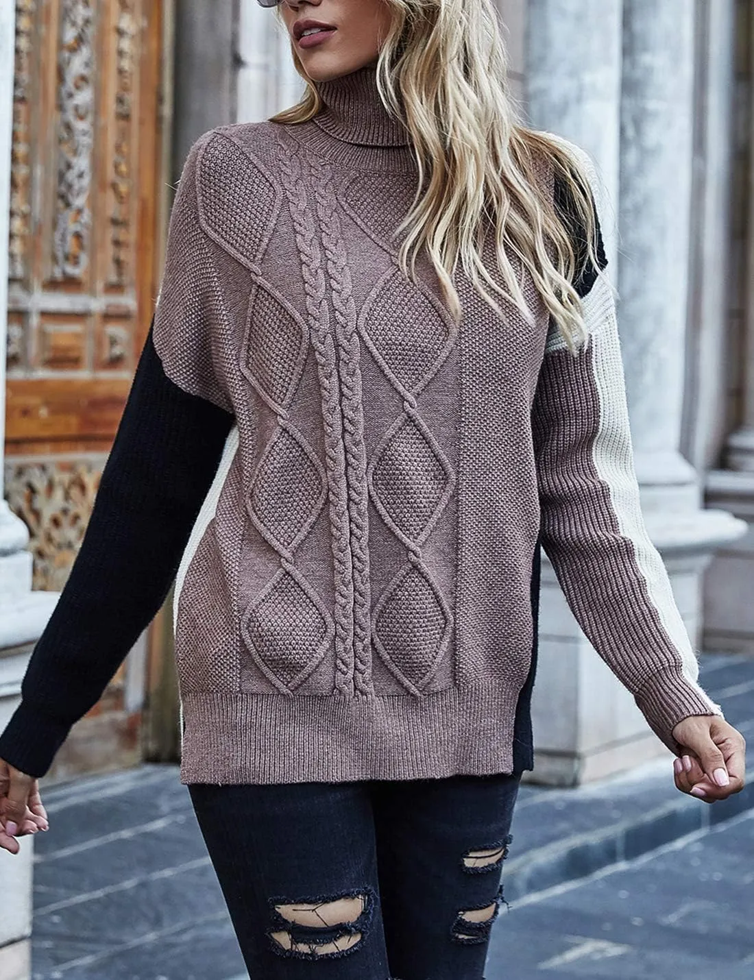 Flygo Womens Turtleneck Oversized Sweaters Slouchy Batwing Long Sleeve Pullover Cable Knit Splicing Sweater Jumper