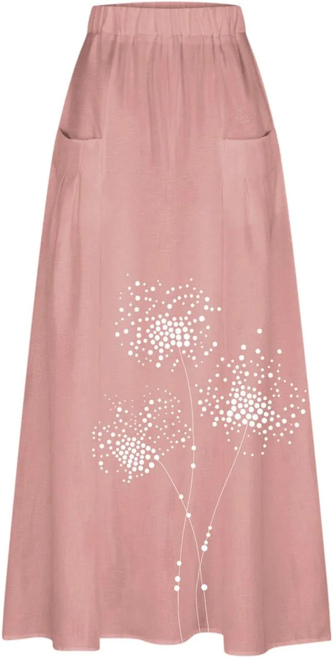 FZYLQY Women's Elastic High Waist Long Skirts Plus Size Casual Loose Skirts with Pockets Pleated A-Line Swing Skirt Dress