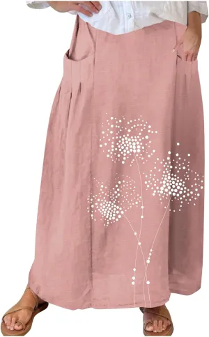FZYLQY Women's Elastic High Waist Long Skirts Plus Size Casual Loose Skirts with Pockets Pleated A-Line Swing Skirt Dress