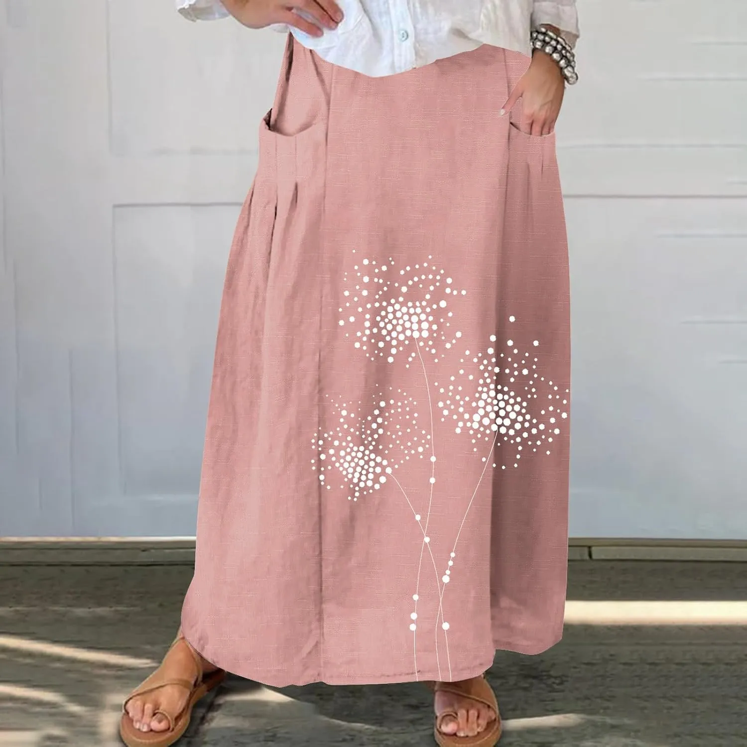 FZYLQY Women's Elastic High Waist Long Skirts Plus Size Casual Loose Skirts with Pockets Pleated A-Line Swing Skirt Dress