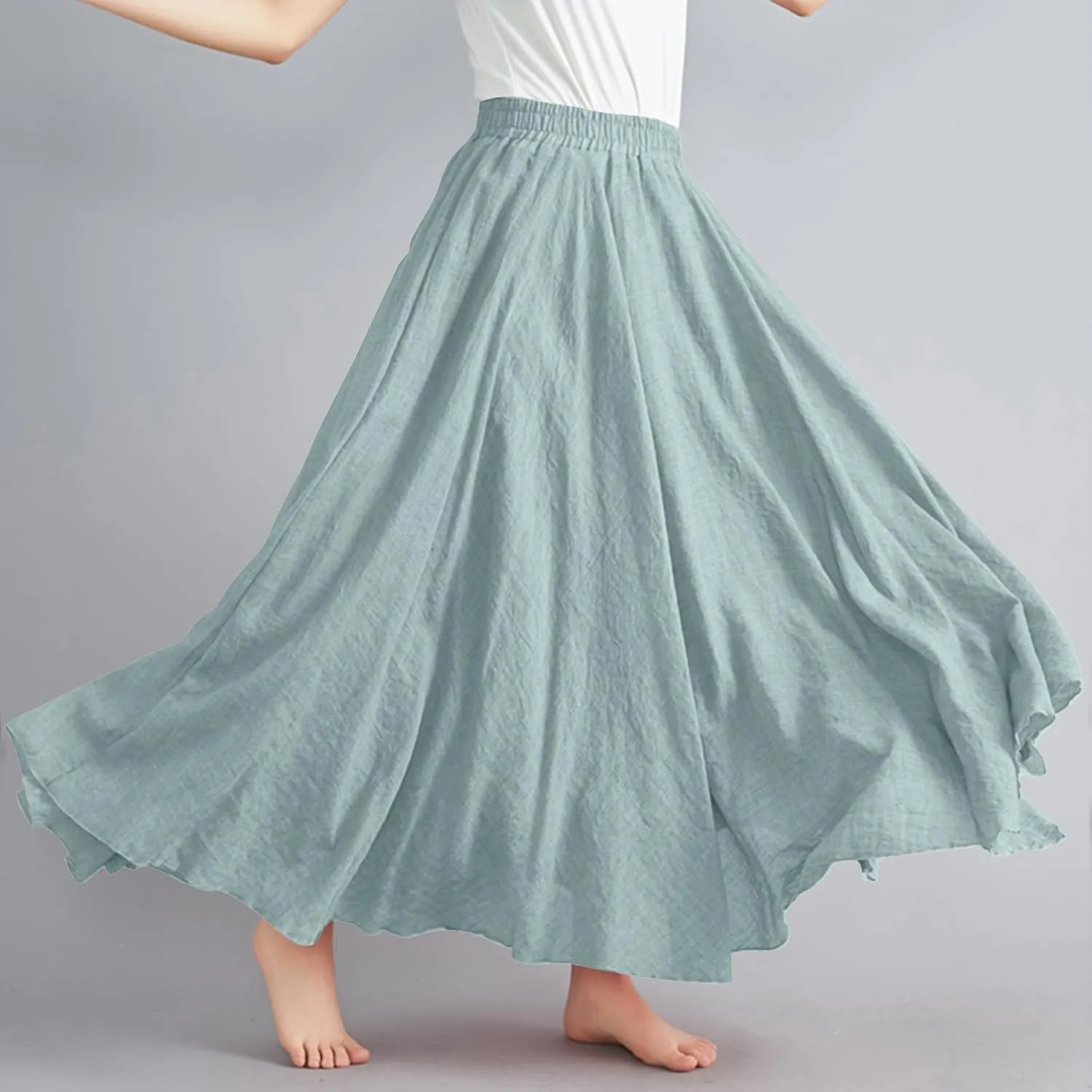 FZYLQY Womens Linen Maxi Skirts Summer Boho Solid Beach Elastic High Waist Pleated A-Line Flowy Swing Long Maxi Skirts
