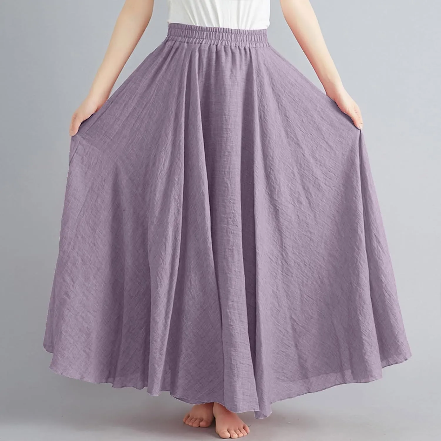 FZYLQY Womens Linen Maxi Skirts Summer Boho Solid Beach Elastic High Waist Pleated A-Line Flowy Swing Long Maxi Skirts