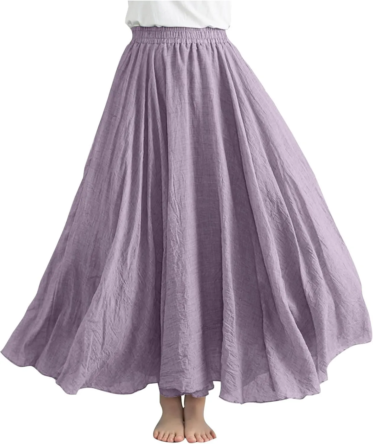 FZYLQY Womens Linen Maxi Skirts Summer Boho Solid Beach Elastic High Waist Pleated A-Line Flowy Swing Long Maxi Skirts