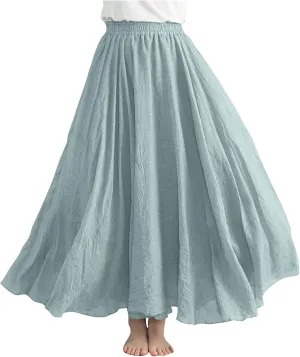 FZYLQY Womens Linen Maxi Skirts Summer Boho Solid Beach Elastic High Waist Pleated A-Line Flowy Swing Long Maxi Skirts