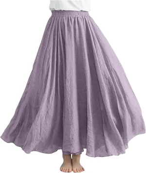FZYLQY Womens Linen Maxi Skirts Summer Boho Solid Beach Elastic High Waist Pleated A-Line Flowy Swing Long Maxi Skirts