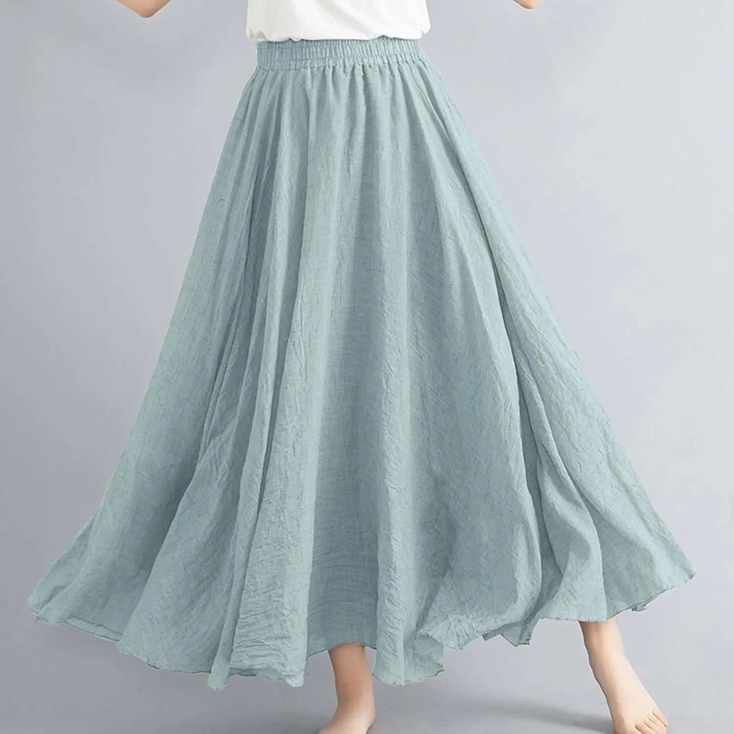 FZYLQY Womens Linen Maxi Skirts Summer Boho Solid Beach Elastic High Waist Pleated A-Line Flowy Swing Long Maxi Skirts