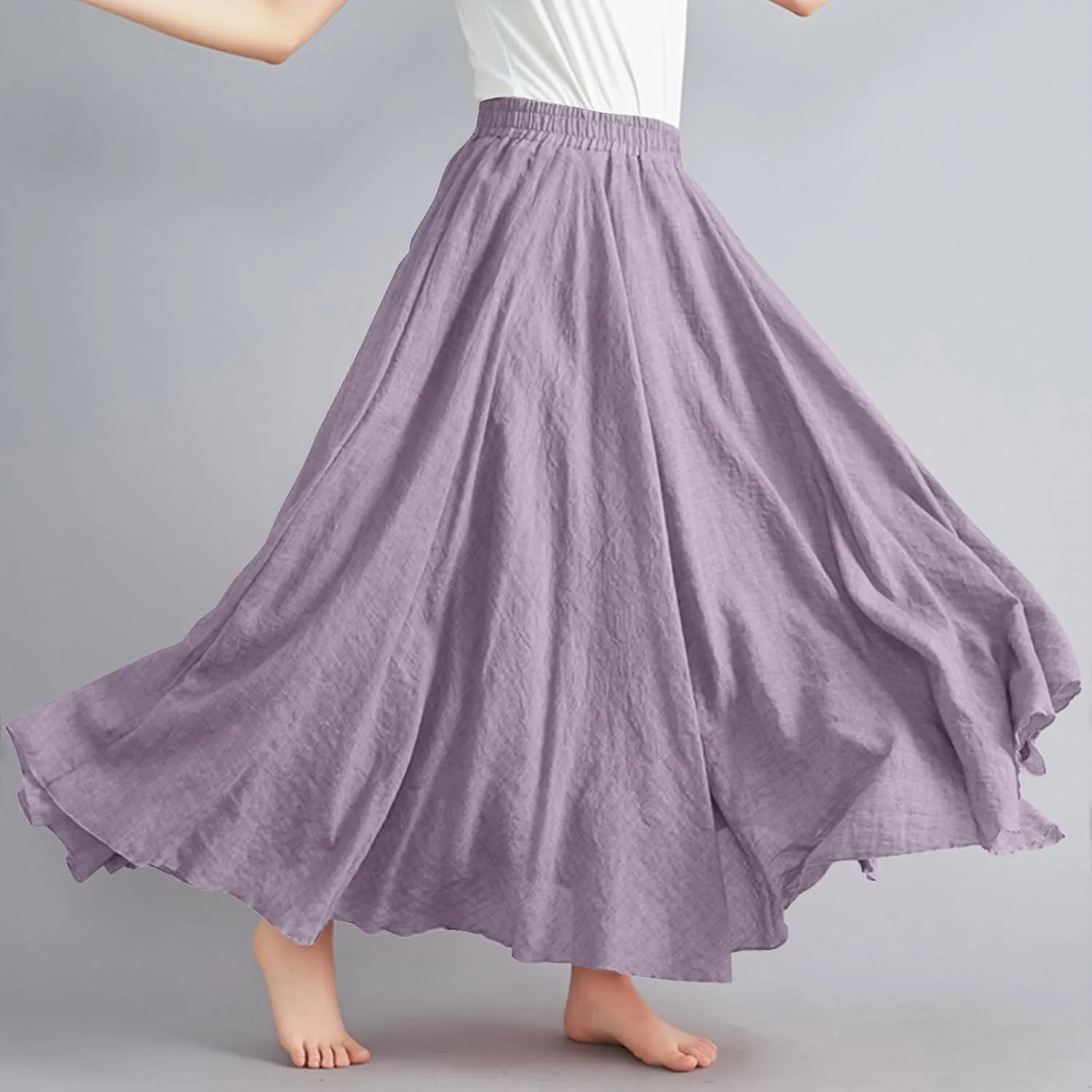 FZYLQY Womens Linen Maxi Skirts Summer Boho Solid Beach Elastic High Waist Pleated A-Line Flowy Swing Long Maxi Skirts