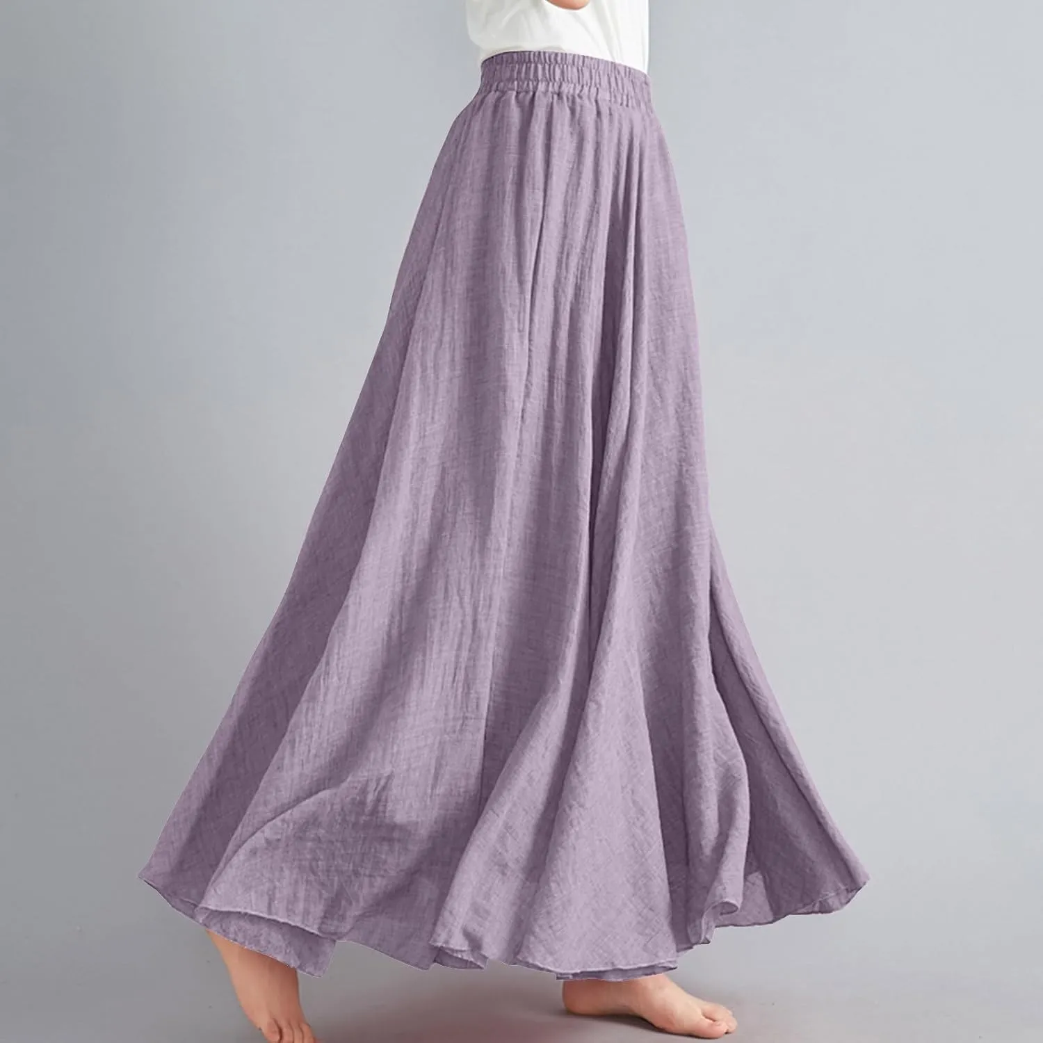 FZYLQY Womens Linen Maxi Skirts Summer Boho Solid Beach Elastic High Waist Pleated A-Line Flowy Swing Long Maxi Skirts