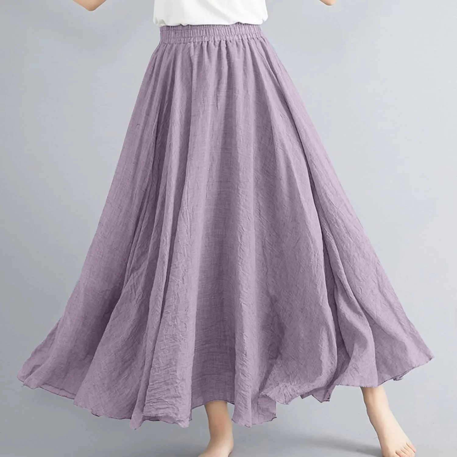 FZYLQY Womens Linen Maxi Skirts Summer Boho Solid Beach Elastic High Waist Pleated A-Line Flowy Swing Long Maxi Skirts