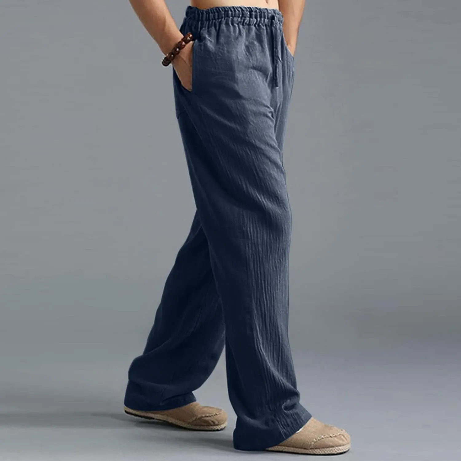 GIERIDUC Men's Sweatpants Open Bottom Baggy Cotton Linen Sweat Pants for Men Lightweight Breathable Lounge Pants with Pockets