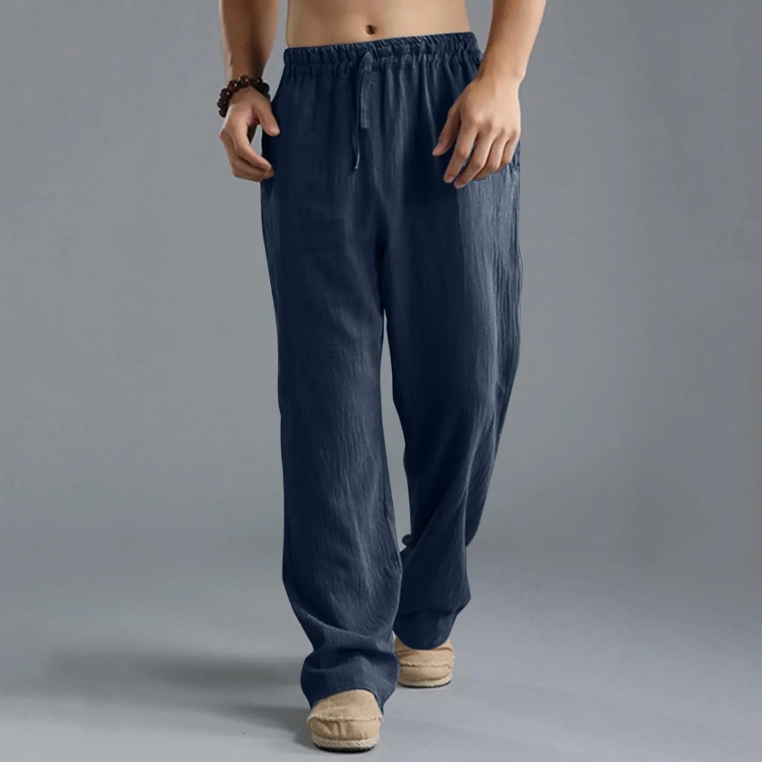 GIERIDUC Men's Sweatpants Open Bottom Baggy Cotton Linen Sweat Pants for Men Lightweight Breathable Lounge Pants with Pockets