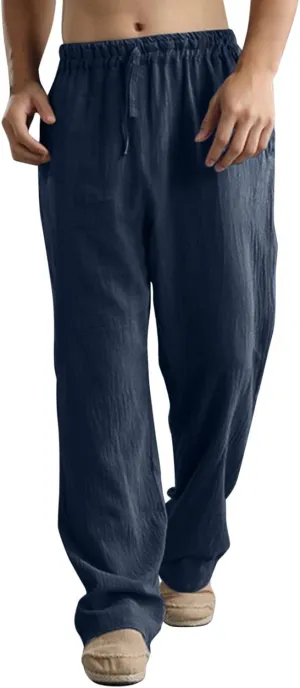GIERIDUC Men's Sweatpants Open Bottom Baggy Cotton Linen Sweat Pants for Men Lightweight Breathable Lounge Pants with Pockets