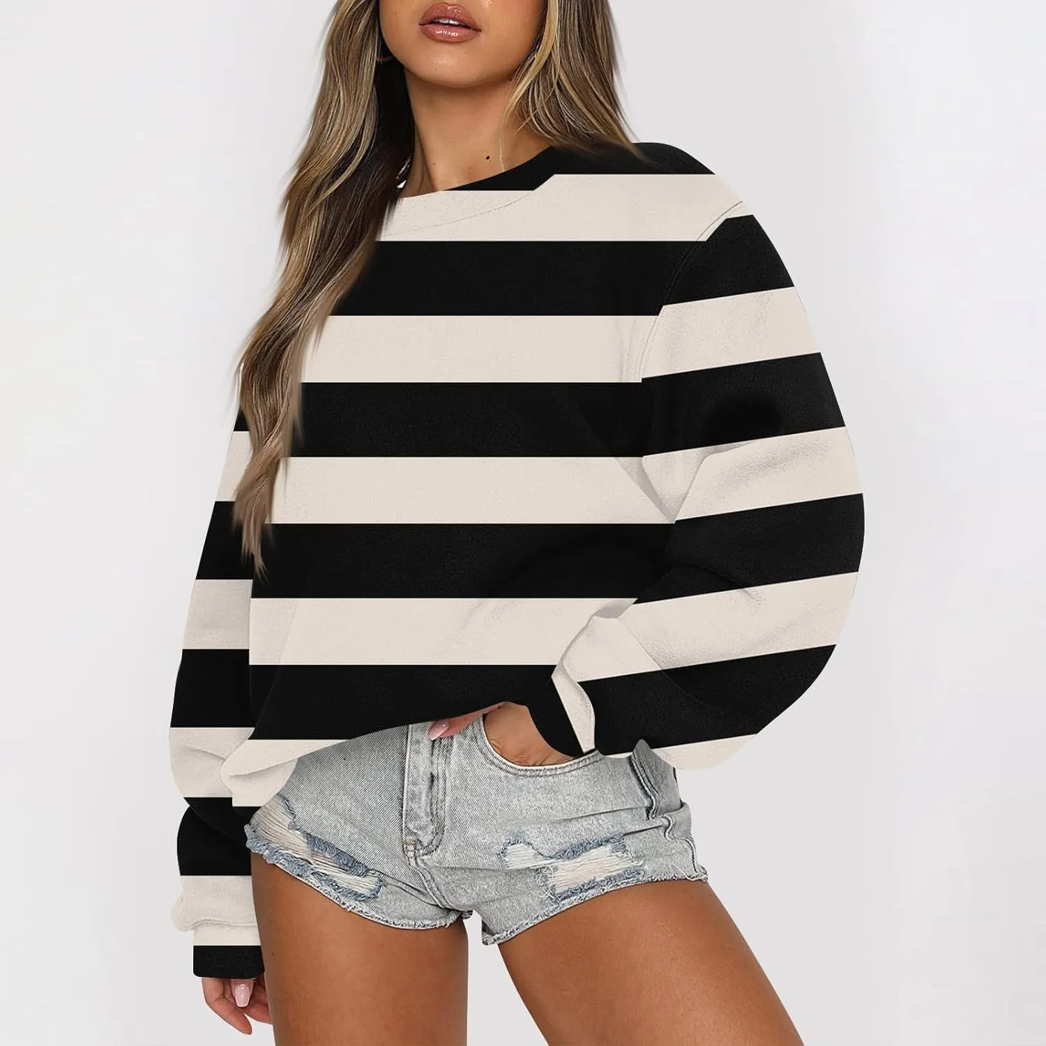 GOFULY Fall Crewneck Sweatshirts Women Oversized Striped Pullover Lightweight Crop Sweatshirts Winter Long Sleeve Tshirt